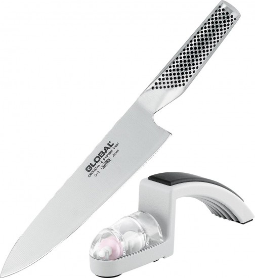 Global Cook's Knife 20cm & MinoSharp 2-stage Sharpener 2pc Set G-2220GB