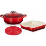 Le Creuset Cast Iron + Stoneware 3pc Cookware Set Cerise Red